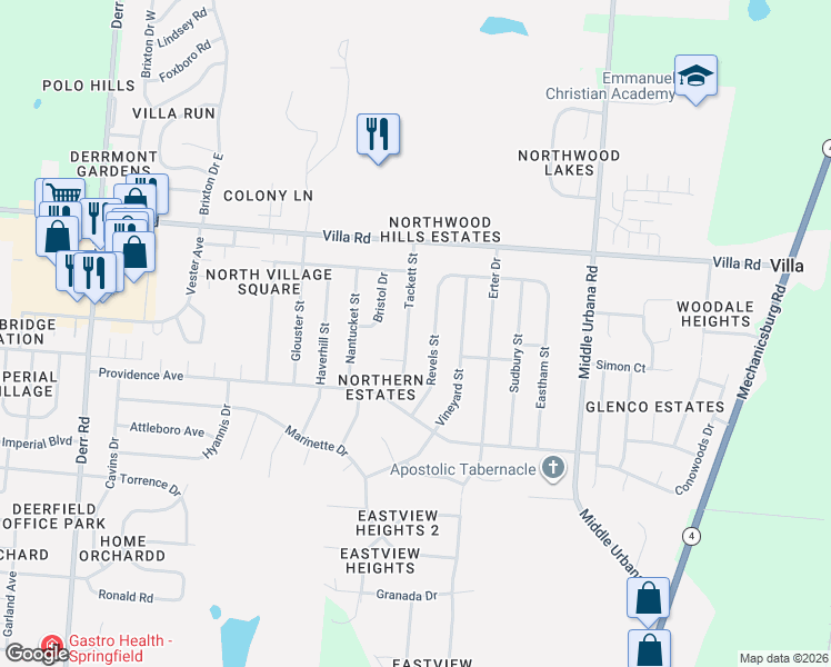 map of restaurants, bars, coffee shops, grocery stores, and more near 3215 Tackett Street in Springfield