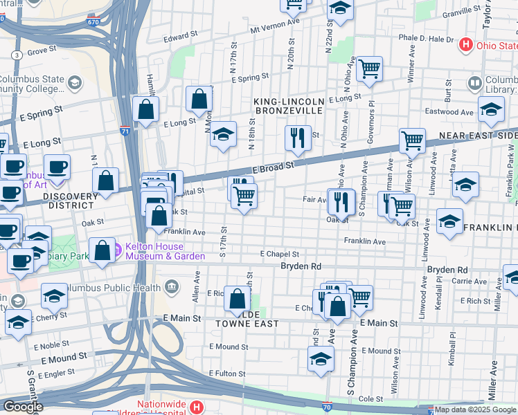 map of restaurants, bars, coffee shops, grocery stores, and more near 940 Oak Street in Columbus