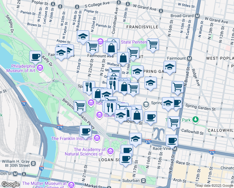 map of restaurants, bars, coffee shops, grocery stores, and more near 1918 Spring Garden Street in Philadelphia