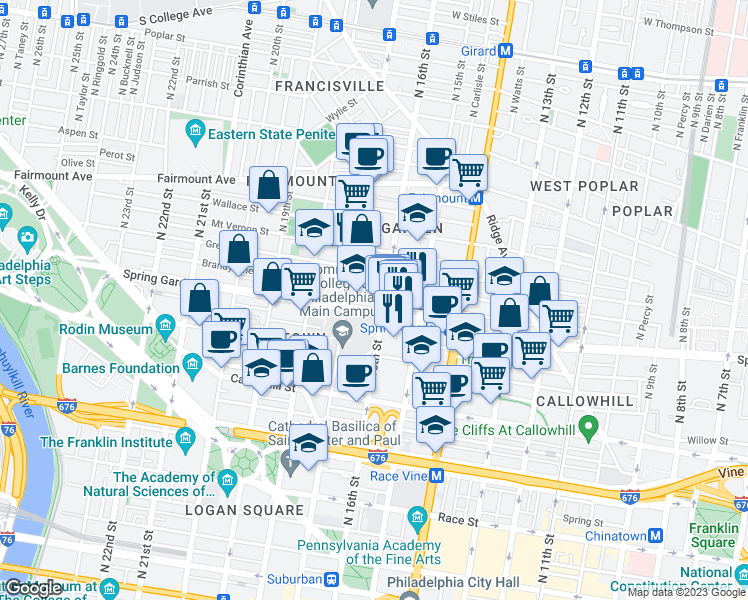 map of restaurants, bars, coffee shops, grocery stores, and more near 1601 Spring Garden Street in Philadelphia