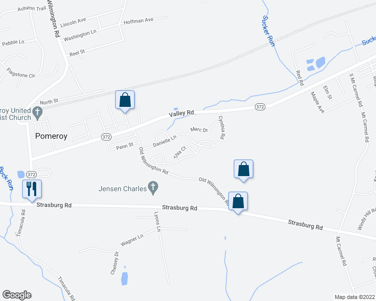 map of restaurants, bars, coffee shops, grocery stores, and more near 208 Thia Court in Coatesville