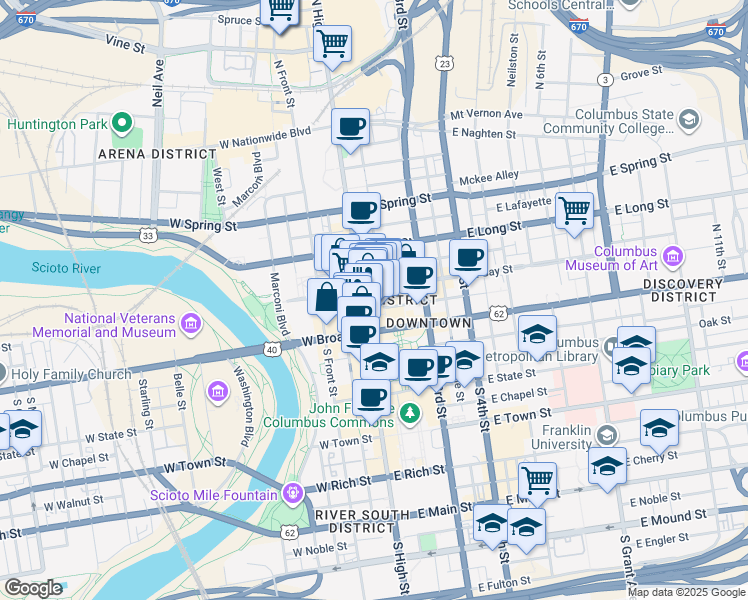 map of restaurants, bars, coffee shops, grocery stores, and more near 52 East Gay Street in Columbus