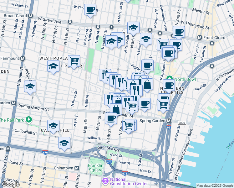 map of restaurants, bars, coffee shops, grocery stores, and more near 520 Fairmount Avenue in Philadelphia