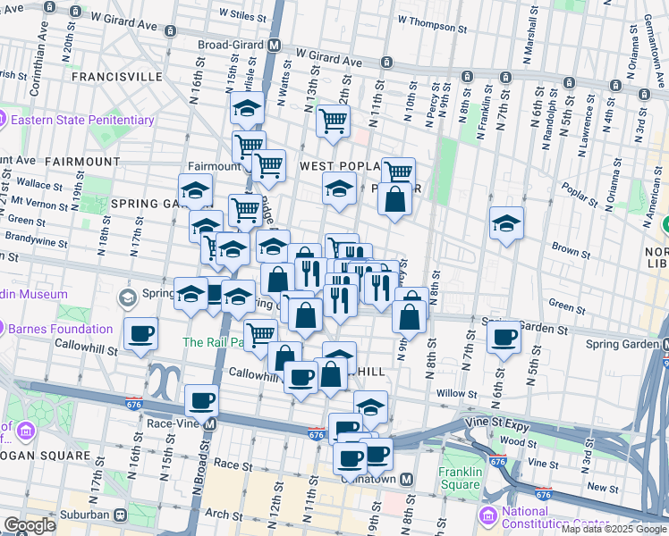 map of restaurants, bars, coffee shops, grocery stores, and more near 1114 Mount Vernon Street in Philadelphia