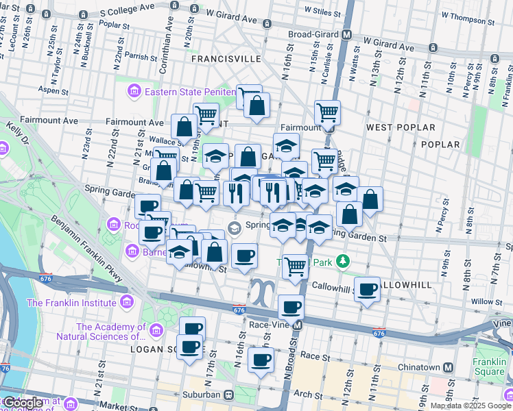 map of restaurants, bars, coffee shops, grocery stores, and more near 1601 Spring Garden Street in Philadelphia