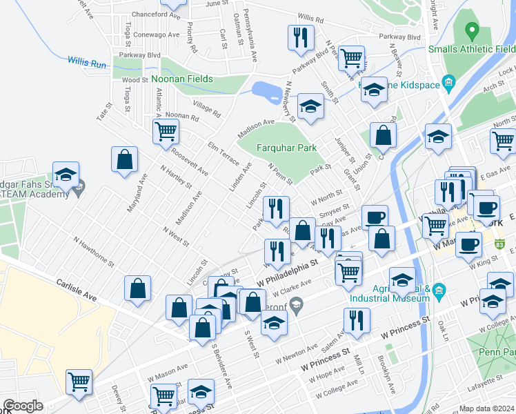 map of restaurants, bars, coffee shops, grocery stores, and more near 319 Roosevelt Avenue in York