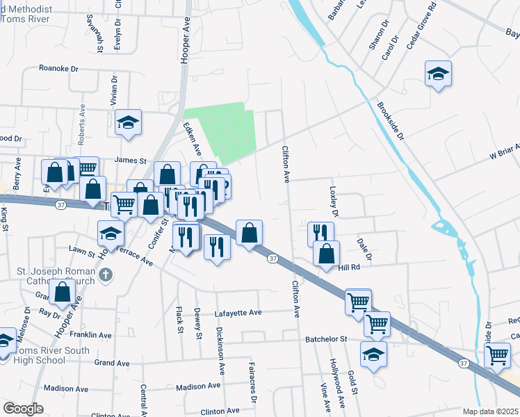 map of restaurants, bars, coffee shops, grocery stores, and more near 524 Pheasant Lane in Toms River