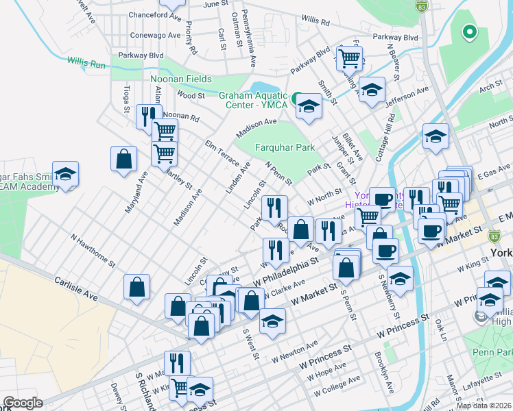 map of restaurants, bars, coffee shops, grocery stores, and more near 484 Lincoln Street in York