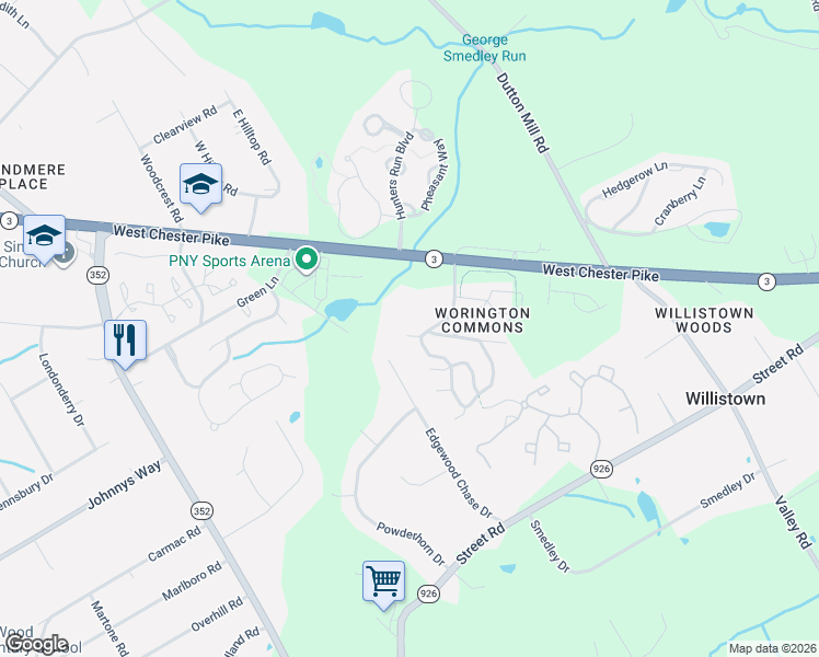 map of restaurants, bars, coffee shops, grocery stores, and more near 804 Andover Court in West Chester