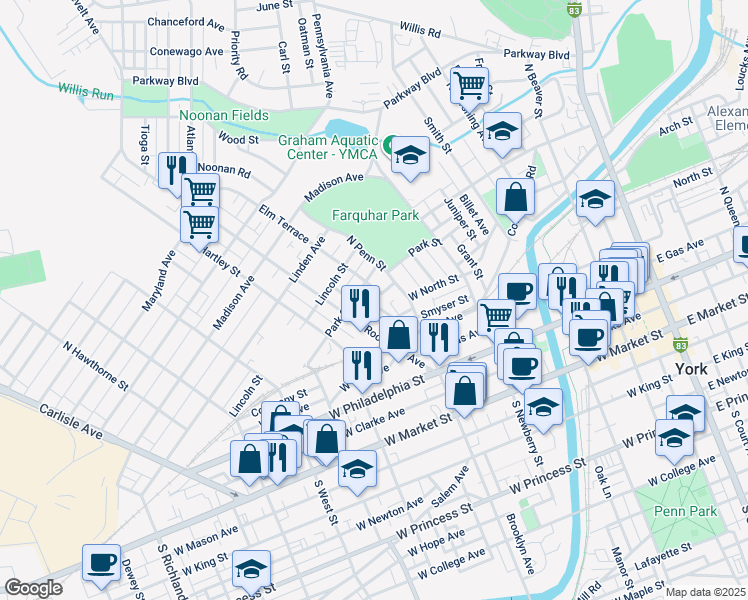 map of restaurants, bars, coffee shops, grocery stores, and more near 237 Park Place in York