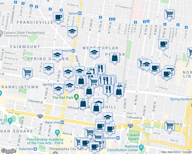 map of restaurants, bars, coffee shops, grocery stores, and more near 1122 Mount Vernon Street in Philadelphia