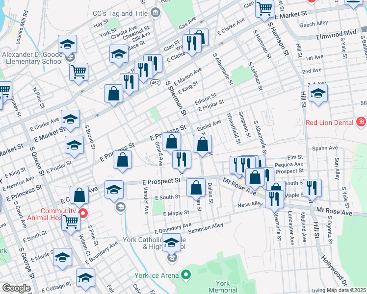 map of restaurants, bars, coffee shops, grocery stores, and more near 350 Lexington Street in York
