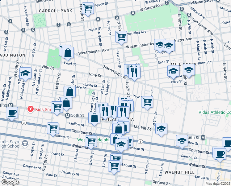 map of restaurants, bars, coffee shops, grocery stores, and more near N 53rd St & Race St in Philadelphia