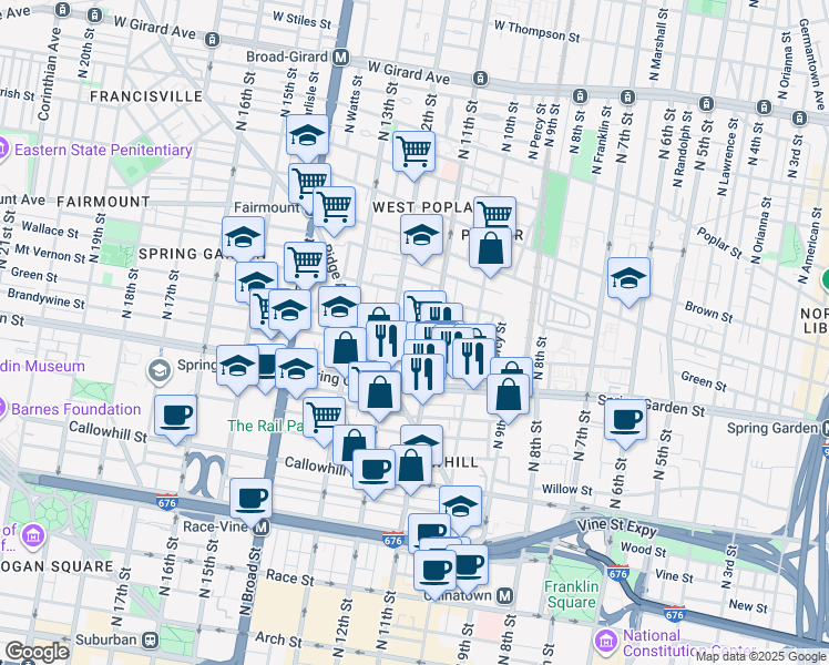 map of restaurants, bars, coffee shops, grocery stores, and more near 1116 Mount Vernon Street in Philadelphia