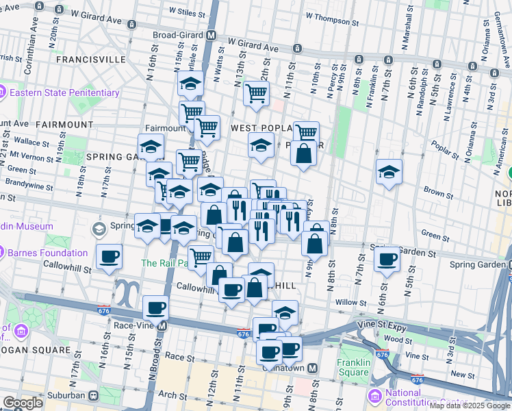 map of restaurants, bars, coffee shops, grocery stores, and more near 1118 Mount Vernon Street in Philadelphia