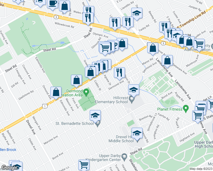 map of restaurants, bars, coffee shops, grocery stores, and more near 1211 Bryan Street in Drexel Hill