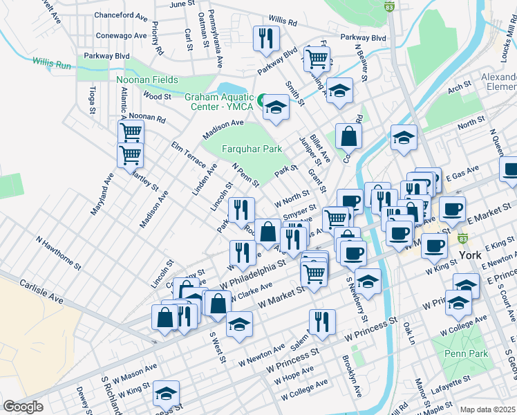 map of restaurants, bars, coffee shops, grocery stores, and more near 215 Park Place in York