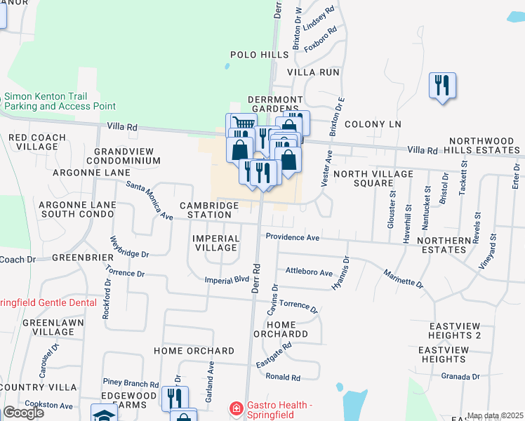 map of restaurants, bars, coffee shops, grocery stores, and more near 2940 Derr Road in Springfield