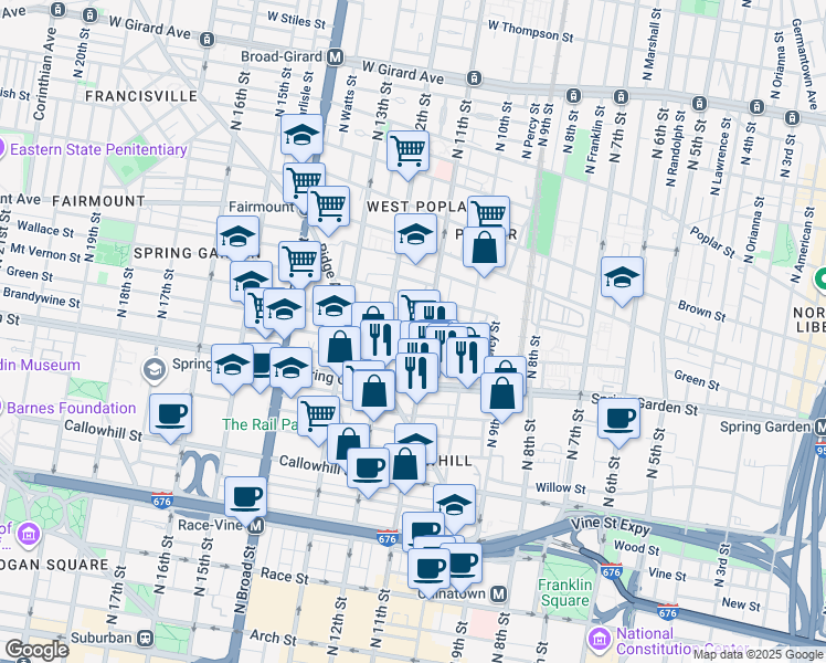 map of restaurants, bars, coffee shops, grocery stores, and more near 1112 Mount Vernon Street in Philadelphia