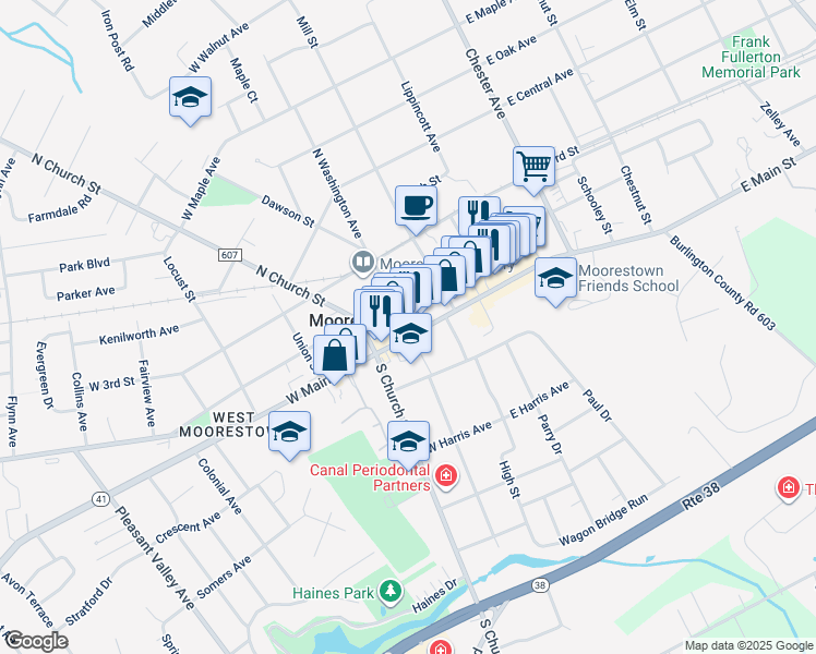 map of restaurants, bars, coffee shops, grocery stores, and more near 115R West Main Street in Moorestown