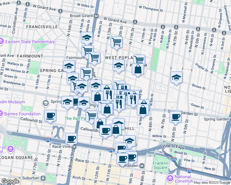 map of restaurants, bars, coffee shops, grocery stores, and more near 1122 Mount Vernon Street in Philadelphia