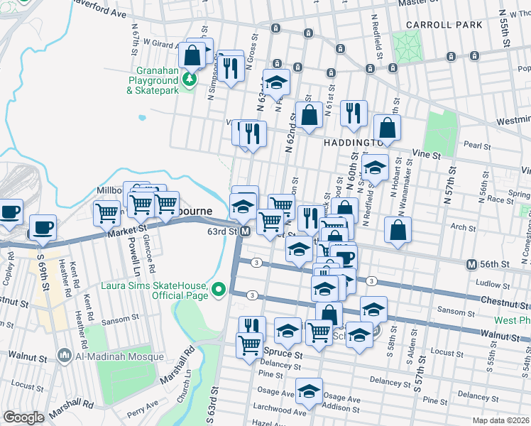 map of restaurants, bars, coffee shops, grocery stores, and more near in Philadelphia