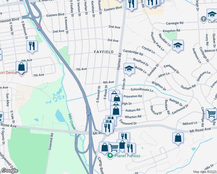 map of restaurants, bars, coffee shops, grocery stores, and more near 911 South Royal Street in York