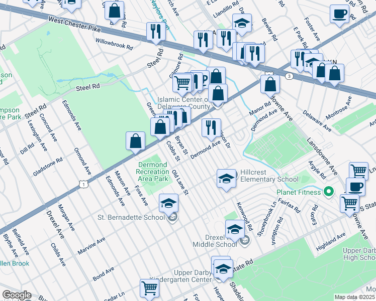 map of restaurants, bars, coffee shops, grocery stores, and more near 1211 Bryan Street in Drexel Hill