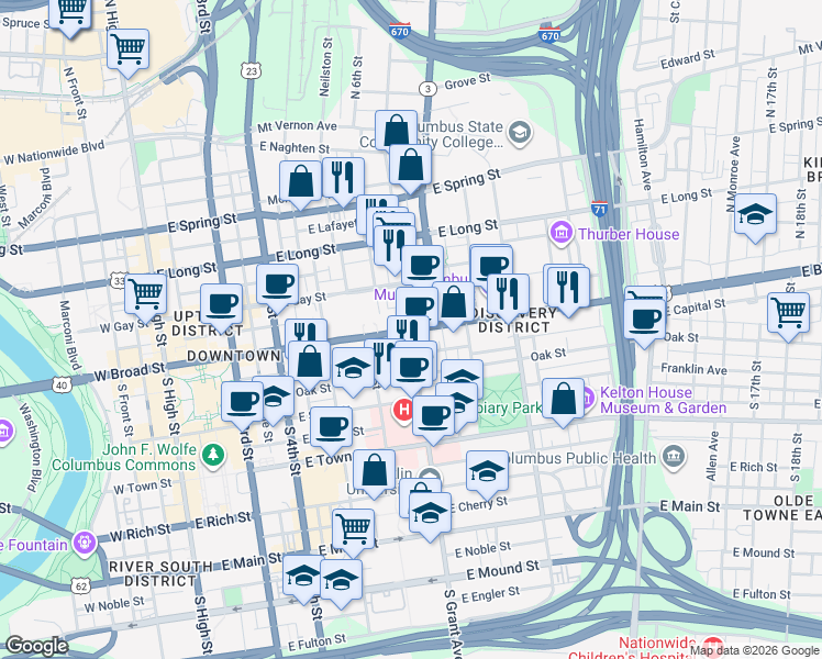 map of restaurants, bars, coffee shops, grocery stores, and more near East Broad Street & North Grant Avenue in Columbus