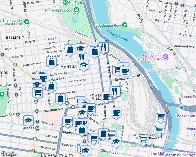map of restaurants, bars, coffee shops, grocery stores, and more near 3406 Brandywine Street in Philadelphia