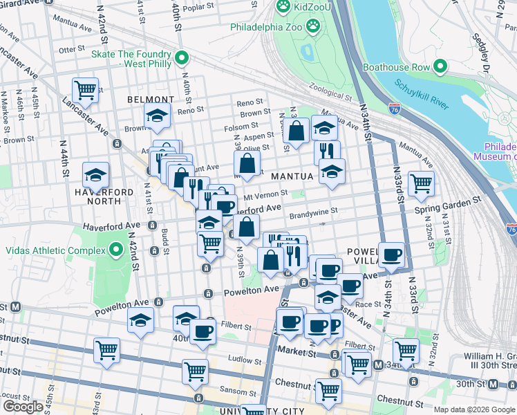 map of restaurants, bars, coffee shops, grocery stores, and more near 3860 Haverford Avenue in Philadelphia