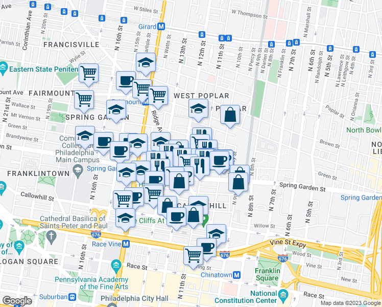 map of restaurants, bars, coffee shops, grocery stores, and more near 1128 Mount Vernon Street in Philadelphia
