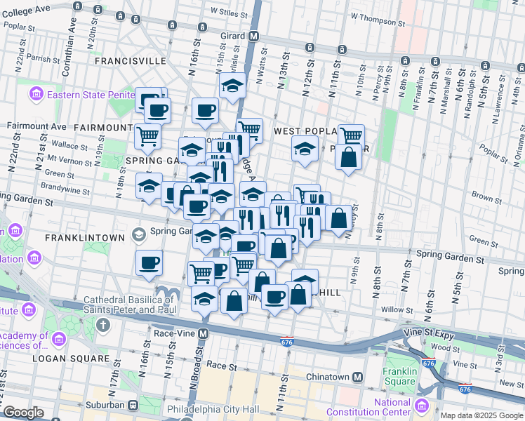map of restaurants, bars, coffee shops, grocery stores, and more near 1250 Ridge Avenue in Philadelphia