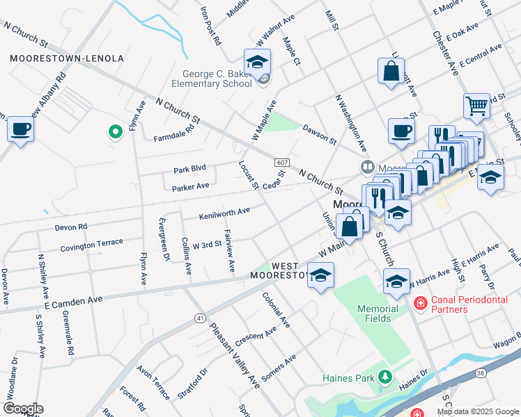 map of restaurants, bars, coffee shops, grocery stores, and more near 314 Locust Street in Moorestown
