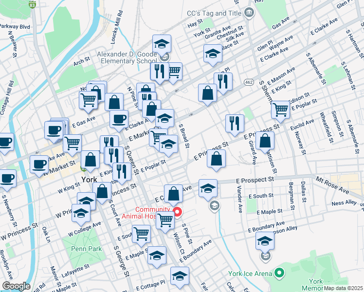 map of restaurants, bars, coffee shops, grocery stores, and more near 406 East King Street in York