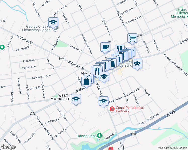 map of restaurants, bars, coffee shops, grocery stores, and more near 119 North Church Street in Moorestown