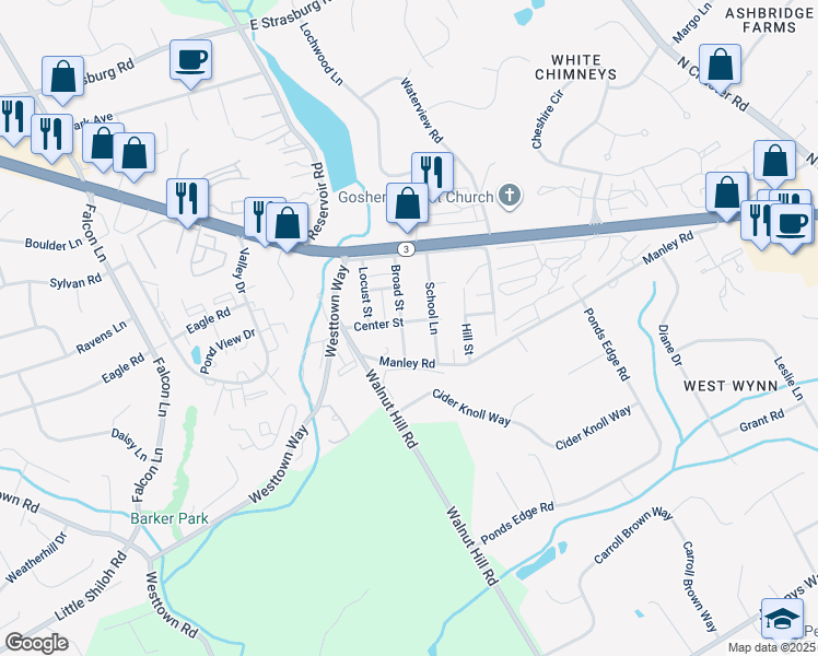 map of restaurants, bars, coffee shops, grocery stores, and more near 1416 Center Street in West Chester