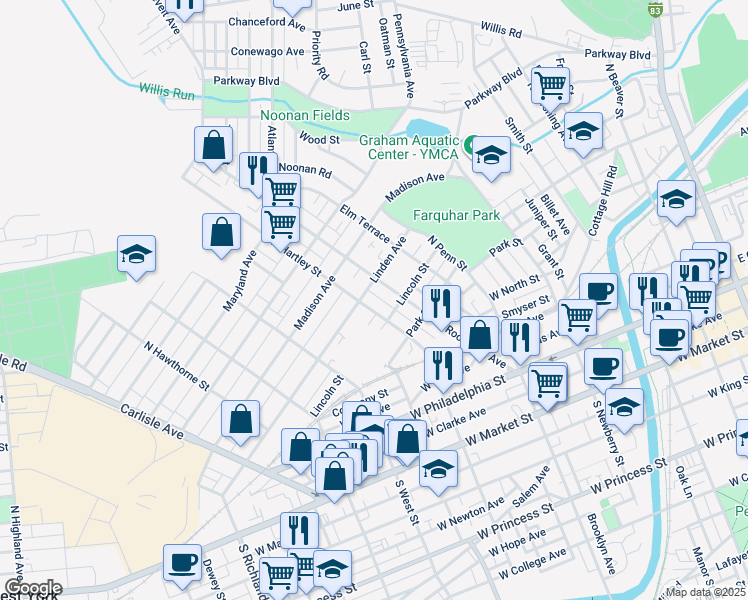 map of restaurants, bars, coffee shops, grocery stores, and more near 486 Linden Avenue in York