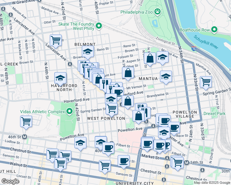 map of restaurants, bars, coffee shops, grocery stores, and more near 3940 Haverford Avenue in Philadelphia