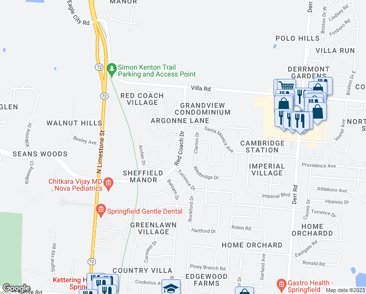 map of restaurants, bars, coffee shops, grocery stores, and more near 2844 Red Coach Drive in Springfield