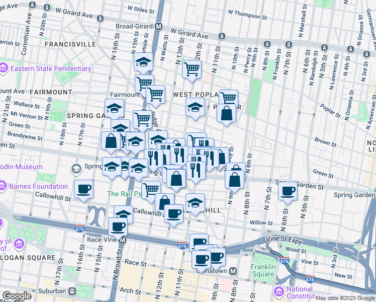 map of restaurants, bars, coffee shops, grocery stores, and more near 1128 Mount Vernon Street in Philadelphia