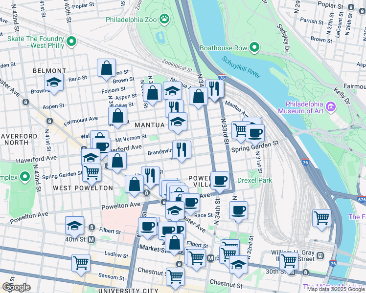 map of restaurants, bars, coffee shops, grocery stores, and more near 3516 Mount Vernon Street in Philadelphia