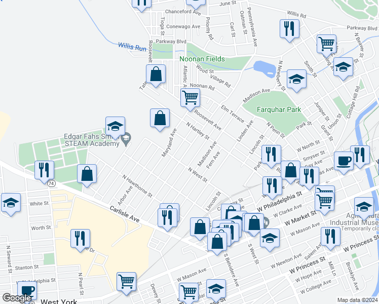 map of restaurants, bars, coffee shops, grocery stores, and more near 558 Pennsylvania Avenue in York