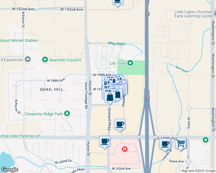 map of restaurants, bars, coffee shops, grocery stores, and more near 14705 Orchard Parkway in Westminster