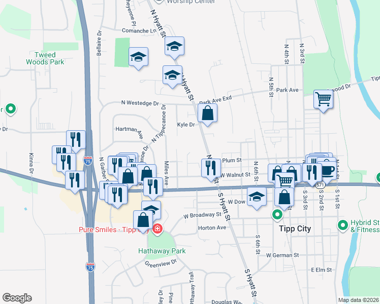 map of restaurants, bars, coffee shops, grocery stores, and more near 130 Maynard Drive in Tipp City