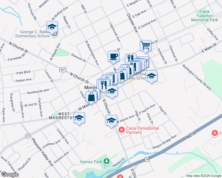 map of restaurants, bars, coffee shops, grocery stores, and more near 101 West Main Street in Moorestown