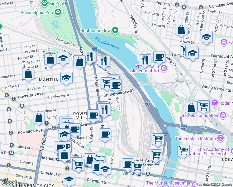 map of restaurants, bars, coffee shops, grocery stores, and more near Spring Garden Street & North 31st Street in Philadelphia