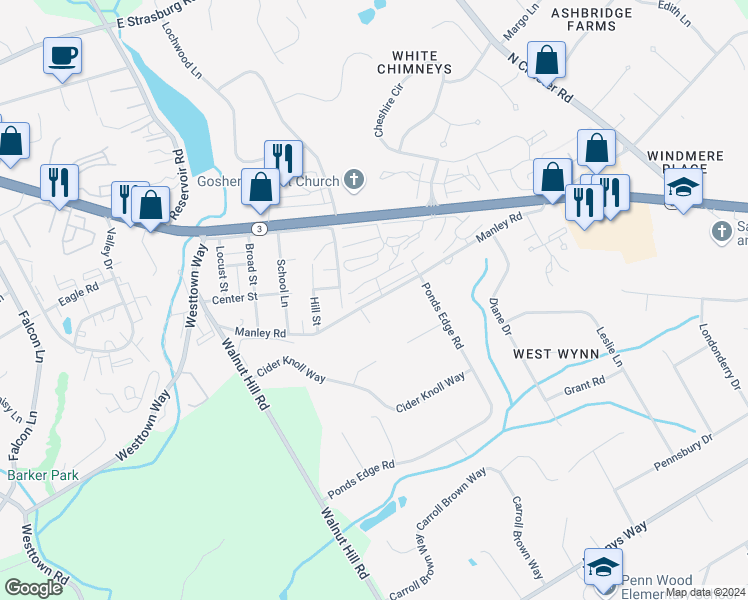 map of restaurants, bars, coffee shops, grocery stores, and more near 330 Summit House in West Chester