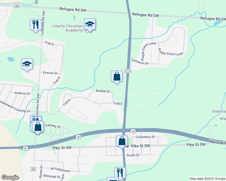 map of restaurants, bars, coffee shops, grocery stores, and more near 53 Runkle Drive in Pataskala