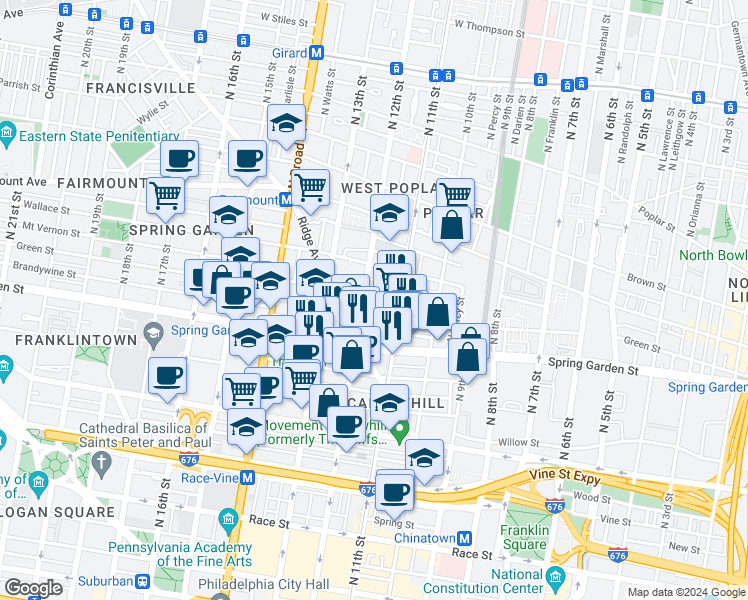 map of restaurants, bars, coffee shops, grocery stores, and more near 1130 Mount Vernon Street in Philadelphia